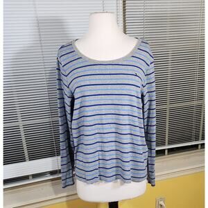 Tommy Hilfiger 1X $60 Blue‎ Gray Striped Flag Logo 100% Cotton Knit Top